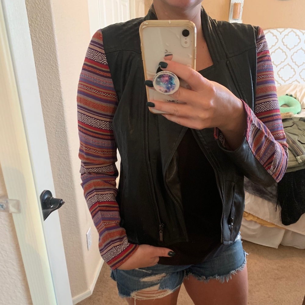 Black leather jacket, draped front